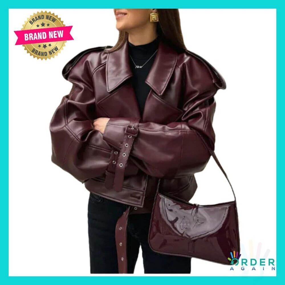 Retro Collar Motorcycle Jacket Oversized Faux Leather Moto Biker Outwear